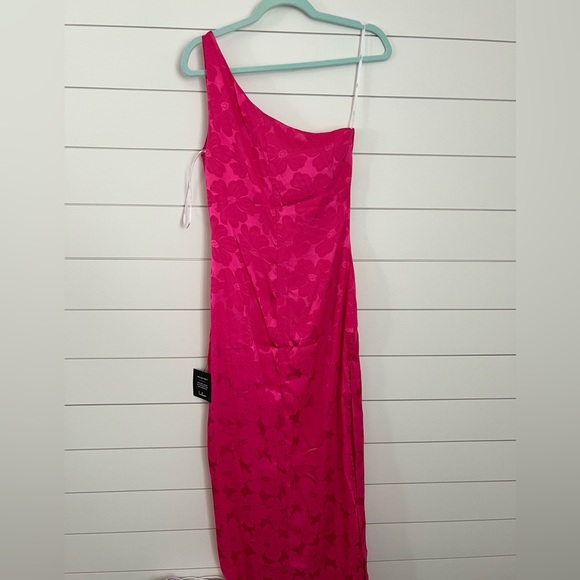 Chasing Desire Hot Pink Satin Jacquard One-Shoulder Maxi Dress from Lulu’s - Picture 2 of 4